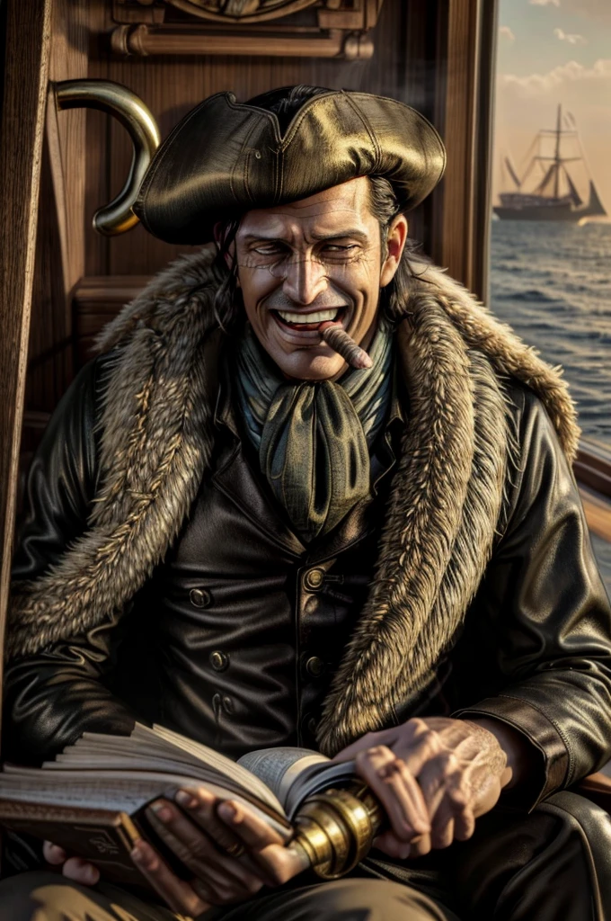 masterpiece, best quality, extremely detailed, hyperrealistic, photorealistic, a cool 40s man, ultra detailed face:1.2, fur-trimmed coat, scarf around the neck, his left hand is a golden pirate hook, smoking, cigar, laughing, reading a book:1.1, on detailed yacht, sea