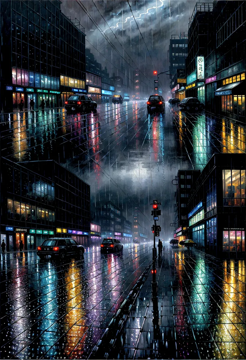 cyber punk, Rainy city at night、Close-up、Many raindrops in a puddle、Neon Reflection、scenery, oil painting, William Turner style