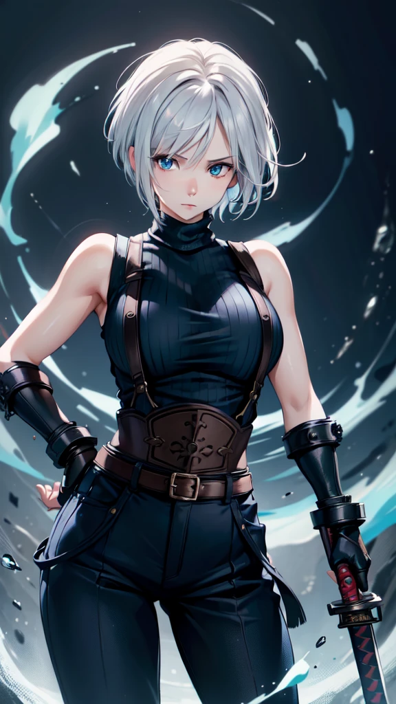 (masterpiece, best quality:1.2), expressive eyes, perfect face, highres, 1 girl, solo, (female:1.5), strife, short hair, shoulder armor, sleeveless turtleneck, suspenders, belt, gloves, bracer, standing, portrait, looking at viewer, White hair, Blue glowing eyes, holding a giant katana,