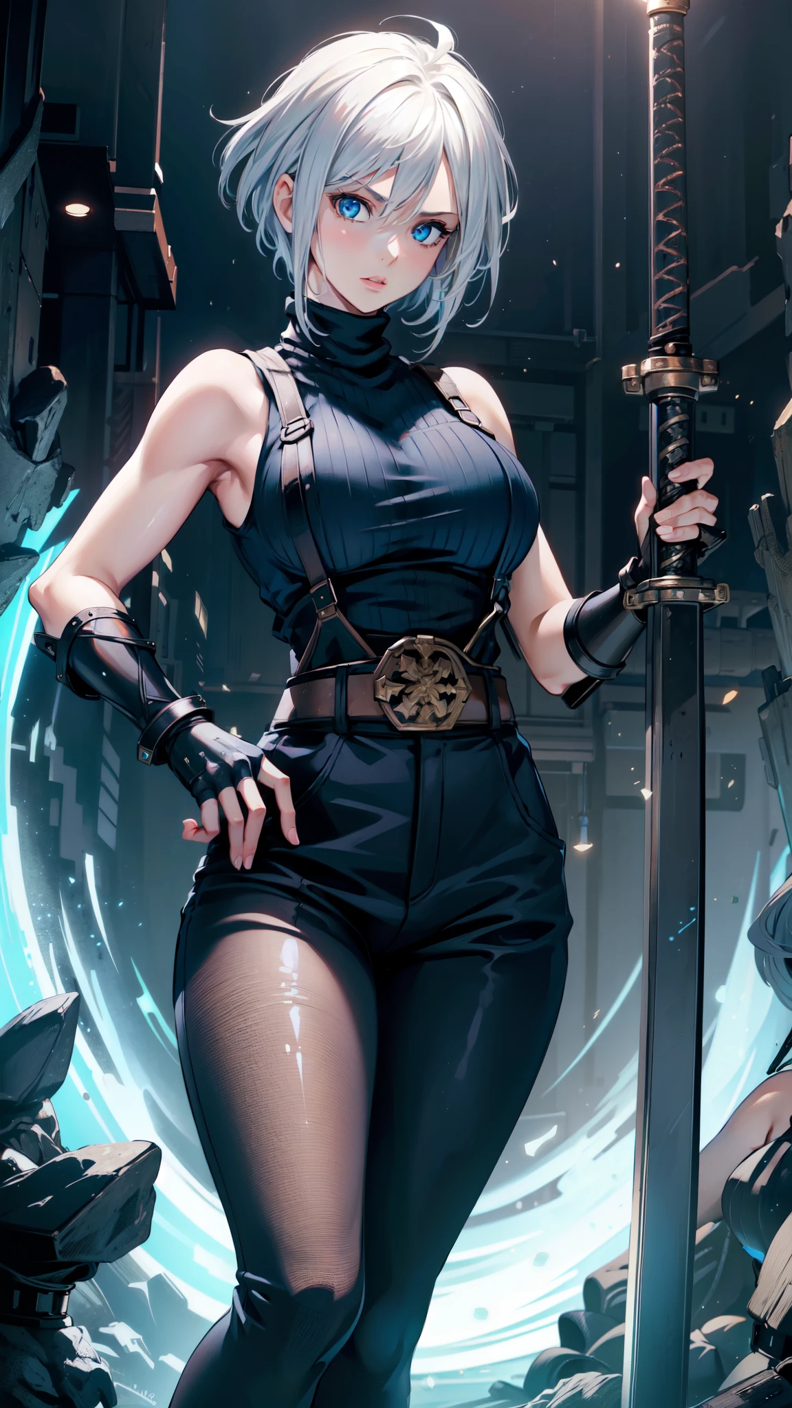 (masterpiece, best quality:1.2), expressive eyes, perfect face, highres, 1 girl, solo, (female:1.5), strife, short hair, shoulder armor, sleeveless turtleneck, suspenders, belt, gloves, bracer, standing, portrait, looking at viewer, White hair, Blue glowing eyes, holding a giant katana,