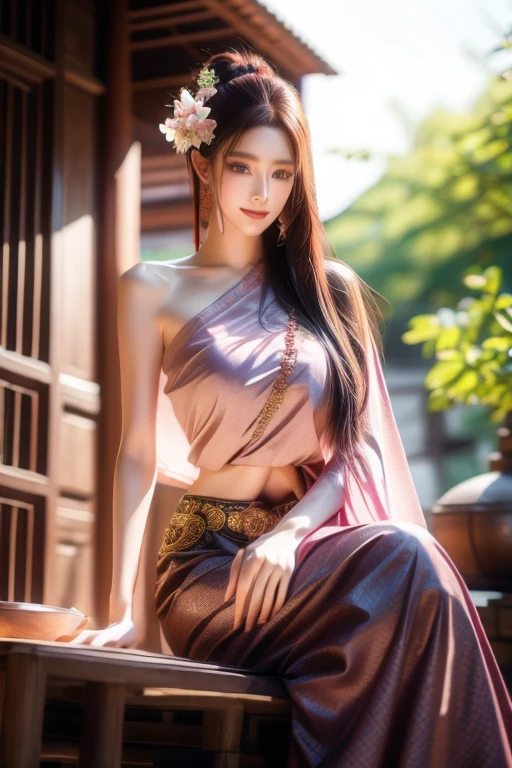 Realistic depiction of a Chinese ancient beauty with colorful makeup, playing black guzheng in a traditional courtyard, elegant posture, smiling, cherry blossom trees, flying petals, slender figure, high quality, realistic style, Chinese ancient beauty, colorful makeup, ornate dragon tattoo, guzheng player, elegant posture, smiling, cherry blossom trees, flying petals, traditional courtyard, slender figure1 18 year old fashion model,Plump shape, [[[[close cleavage]]]], [[[[Big breasts]]]], [[[[Call]]]], [[[[shoulder]]]], perfect eyes, perfect iris，perfect lips，perfect teeth，Perfect beautiful skin，Long face，slender nose，Weak headlights，HDR，light pink clothes，thin red dress，Eyes on the audience,Some traditional Thai costumes，Sitting on a luxury sofa,long magenta hair，ผมยาวมีผ้าคลุมshoulder，The background is external.，Beautiful Thai house background,cool color images