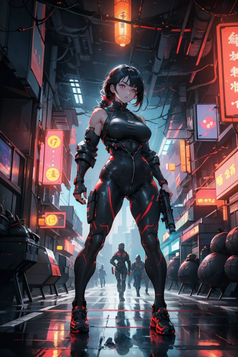 Muscle Special Forces Girl，Eyes glow,  Wearing black special forces gear, With a gun in hand, Full Body Love, Shooting at knee height, Cyberpunk, Neon, Futuristic, Surrealism, Red，3d, Redshift, maxon Cinema 4D, Quaixel Megascan Rendering, Doomsday colors, Red light, Futuristic, 1/3, High Detail, Ultra-high quality, Unreal Engine, 8K,huge , Crazy breast swelling, Chest larger than shoulder blades, Big breasts and thin waist，(huge breasts:1.2)，Hydrated skin（（rogue））（（非常huge乳房）），（（Grooves reveal original skin）)