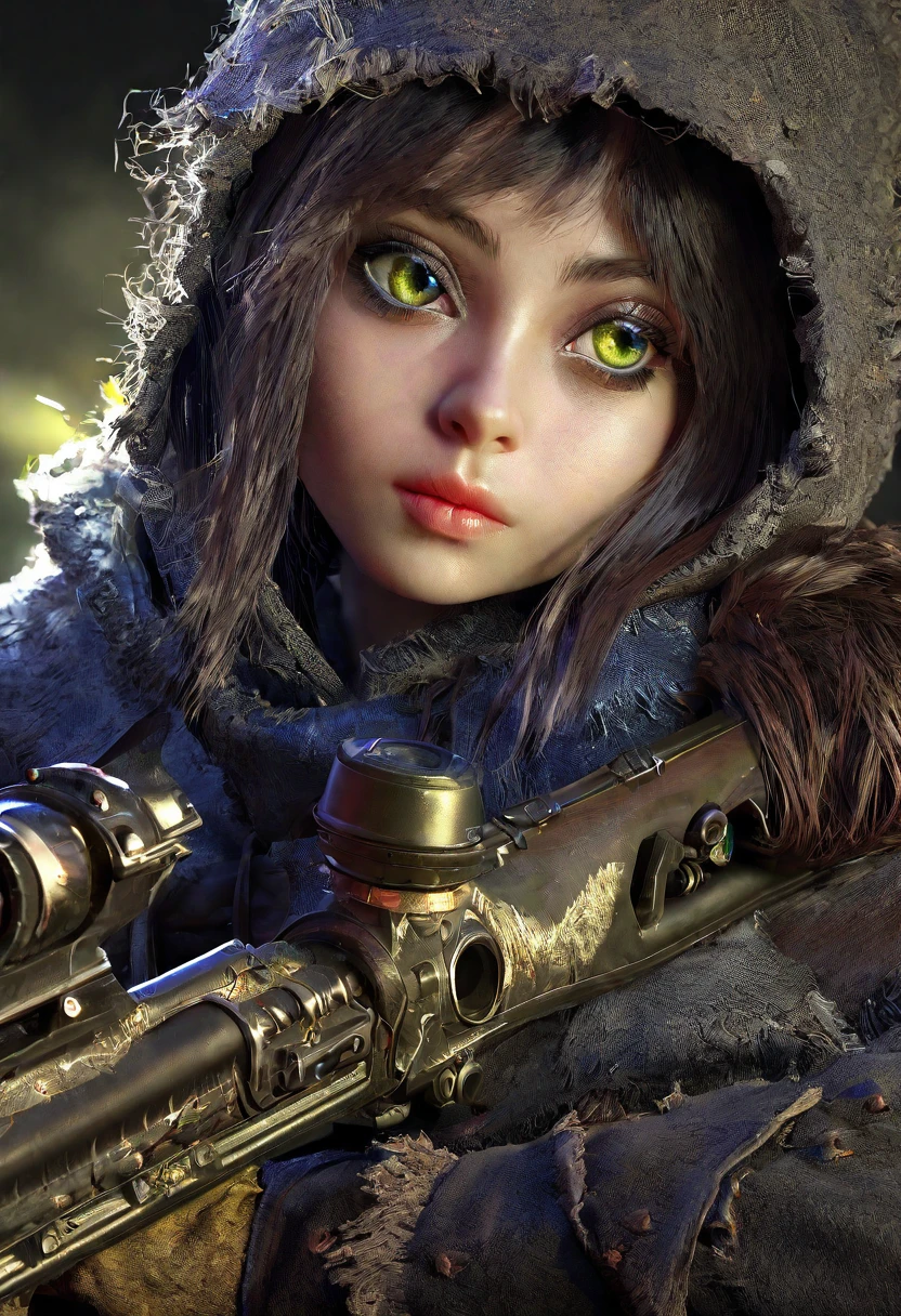 1 girl, goblin, beautiful detailed eyes, beautiful detailed lips, extremely detailed eyes and face, long eyelashes, western outfit, magic sniper rifle, 8k, highres, masterpiece, ultra-detailed, realistic, photorealistic, HDR, studio lighting, sharp focus, physically-based rendering, extreme detail description, professional, vivid colors, fantasy, sci-fi, dark fantasy, full body shot