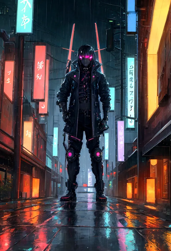 cyber punk, Rainy future city at night、Close-up、Many raindrops in a puddle、Neon Reflection、Samurai, scenery, oil painting, Willi...