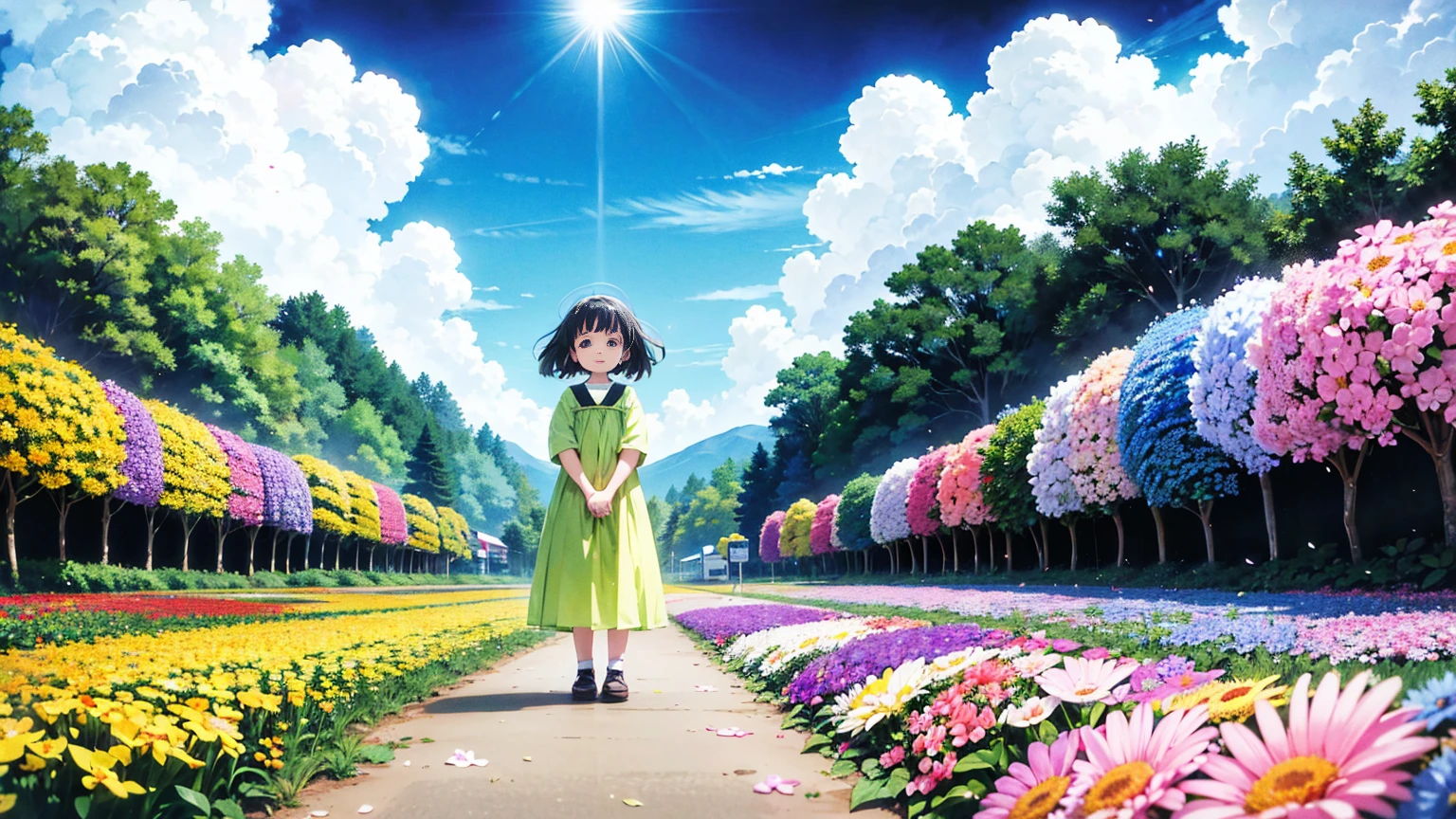 A vibrant flower blooms on the dirty ground of a large gray avenue. A crowd of gray, soulless people crosses the streets. A colorful , glowing with bright hues, stands protectively over the flower, protecting it with her little hands and determined eyes. Sunlight breaks through the dark clouds. Studio Ghibli style