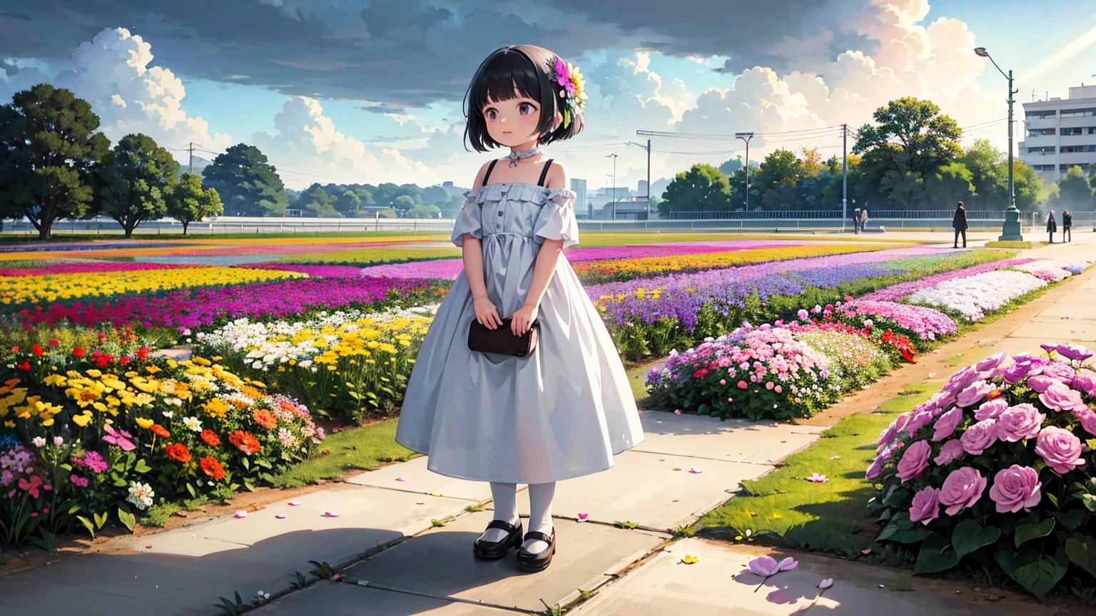 A vibrant flower blooms on the dirty ground of a large gray avenue. A crowd of gray, soulless people crosses the streets. A colorful , glowing with bright hues, stands protectively over the flower, protecting it with her little hands and determined eyes. Sunlight breaks through the dark clouds. Studio Ghibli style