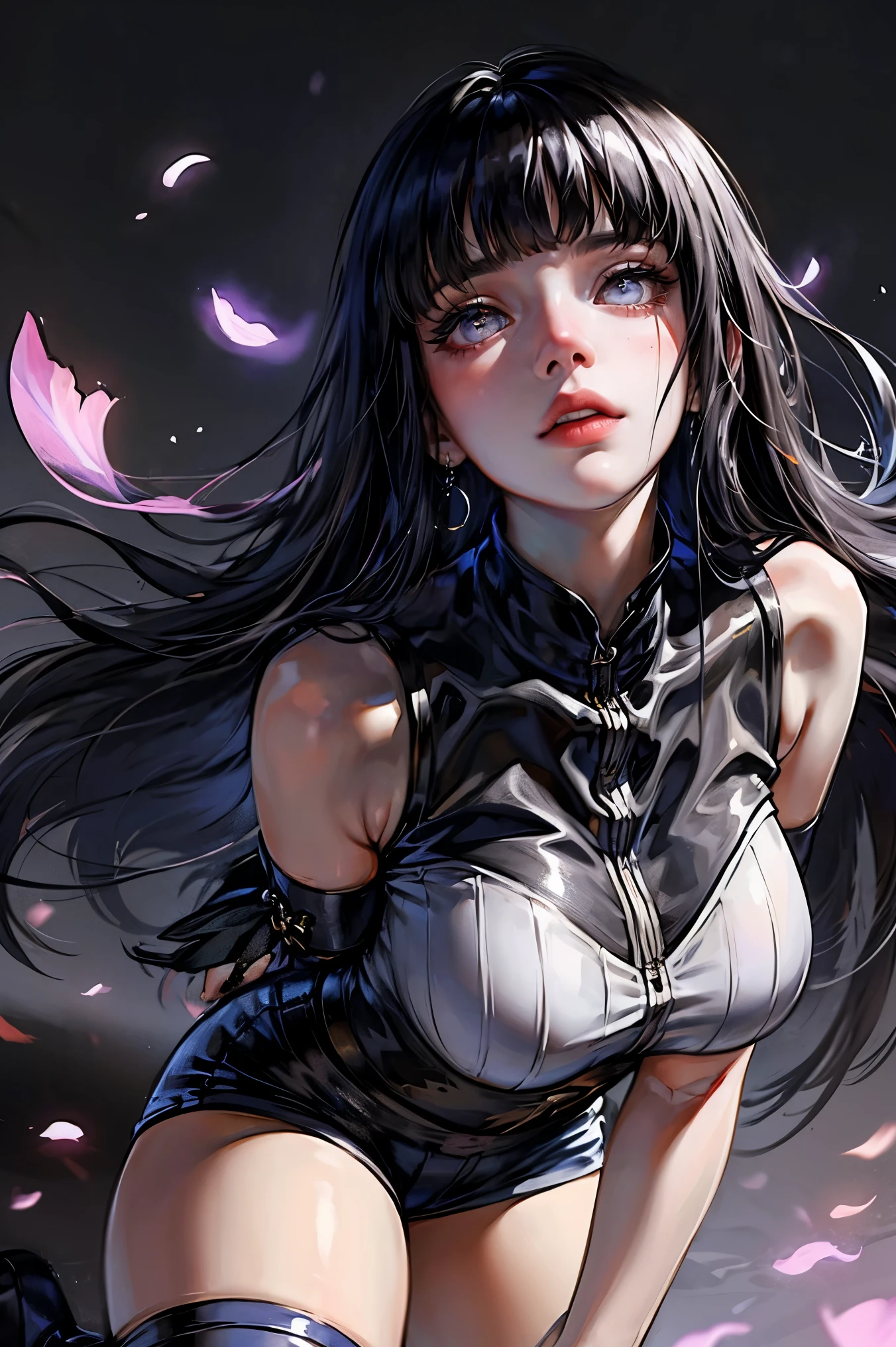 1girl, close up of face, adult, Hinata Hyuga, the last, shy girl, long black hair, blunt bangs, dark hair, Voluminous hair, lavender eyes, no pupils, Lavender Sleeveless Blouse, long black boots, navy blue shorts, Black translucent stockings, holster, bandage on thigh, open sandals, big breasts, wide hips, shapely legs, slim waist, masterpiece, best quality, Professional, realistic.