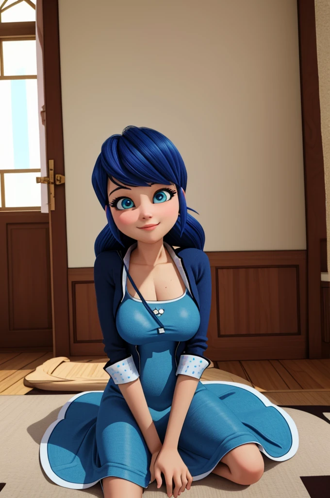 (8k, RAW photo, best quality, masterpiece:1.2), (intricate details), perfect eyes, perfect face, perfect lighting, beautiful, (masterpiece:1.2), (best quality:1.2), 1girl, solo, marinette, blue hair, ((long loosen hair)), adult torso, 17 years old, slight smile, huge sized breasts, ( blue dress), cowboy shot, 3DMM, seated, front view