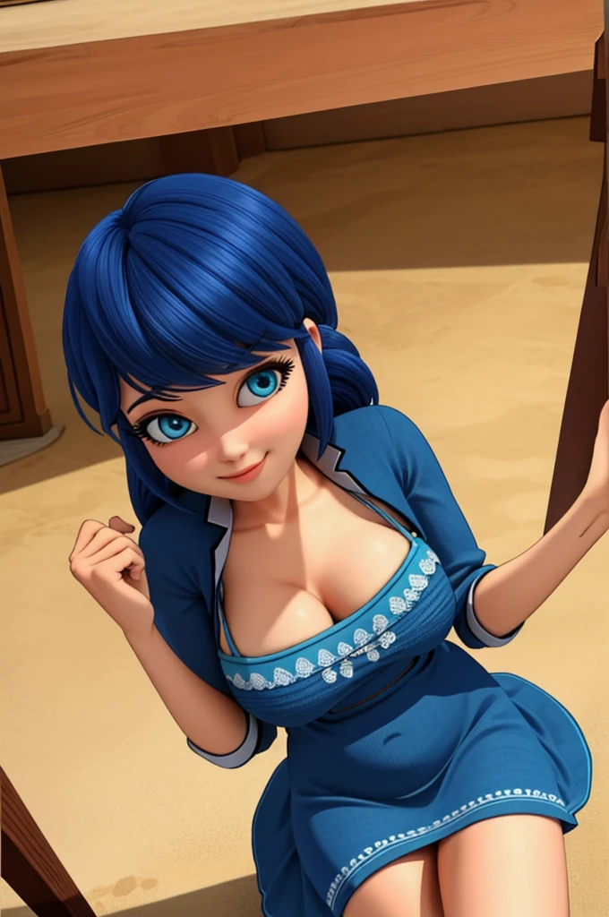 (8k, RAW photo, best quality, masterpiece:1.2), (intricate details), perfect eyes, perfect face, perfect lighting, beautiful, (masterpiece:1.2), (best quality:1.2), 1girl, solo, Marinette, blue hair, ((long loosen hair)), adult torso, 17 years old, slight smile, huge sized breasts, ( blue dress), cowboy shot, 3DMM, seated, front view