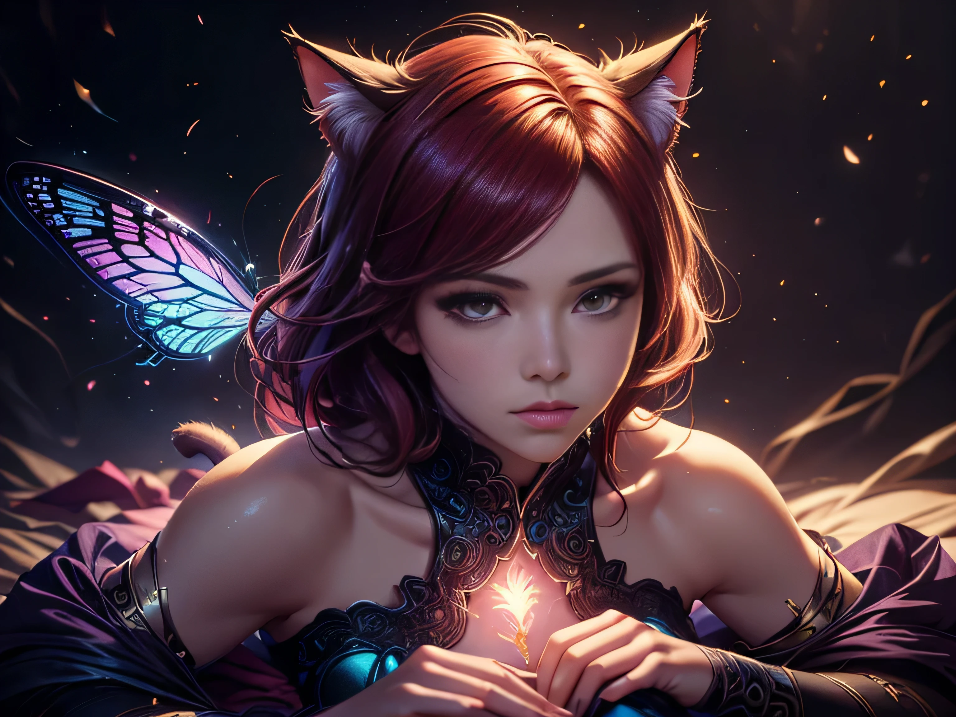 (Best Quality, 8K, Masterpiece, HDR, Soft Lighting, Picture Perfect, Realistic, Vivid), Cat Girl (1.0), Cat Girl with Red Hair and brown eyes and Sexy Revealing Clothes, Pink Bodysuit with Glitter Texture, Beautiful Anime Fantasy, Very beautiful and cute cat girl, large pink butterflies fly around, background blur, anime fantasy, work in Gouves style, realistic: 1.37, top view, red cat girl lies in blue flowers, large pink butterflies fly around, horizontal view, (Ultra High Quality Fantasy Art), Masterpiece, Female Model, Ultra High Quality Female Character Designs, Detailed 8k Anime Art, Realistic Anime Art, Highest Quality Wallpapers, Intricate Ultra High Quality Accurate Female Character Faces, High Quality Designs and Accurate Physics (Fantasy - Ultra High Quality) quality) quality)) art), dark fantasy style), masterpieces, super high-quality characters, anime resolution - 8K, realistic anime art, wallpaper with the highest quality illustrations, ultra-high detail of faces, high-quality design and accurate physics), color, depth of field, shadows, ray tracing, high quality workmanship. -high quality and 8K resolution, (Accurate simulation of the interaction of light and materials)], [High-quality hair detail [More about beautiful and shiny red hair]], (Beautifully detailed hands [perfect fingers [Perfect nails]]], (perfect anatomy (perfect proportions)))) [[Full-length]], [Perfect combination of colors (Accurate imitation of the interaction of light and material)], [art that conveys the meaning of the story](modified)