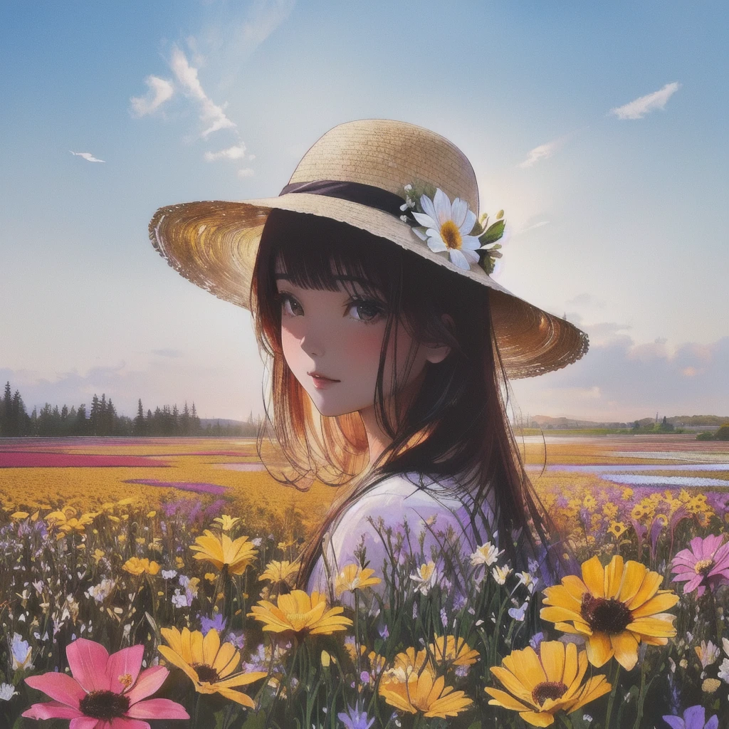 double exposition、there is a woman in a hat standing Dans le champ de fleurs, La beauté du chapeau de paille、Fille dans le jardin fleuri, femme en fleurs, Dans le champ de fleurs, une fille flottant dans un champ de fleurs, fille en fleurs, Portrait de Karan, fille debout dans un champ de fleurs, 