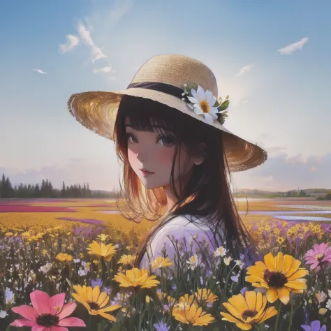 double exposure、there is a woman in a hat standing In the flower field, Straw hat beauty、Girl in the flower garden, woman in flo...