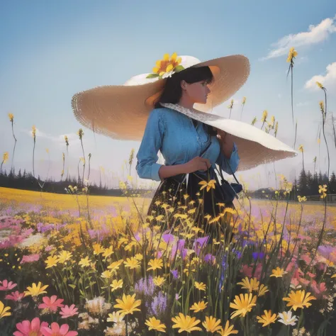 double exposure、there is a woman in a hat standing In the flower field, Straw hat beauty、Girl in the flower garden, woman in flo...