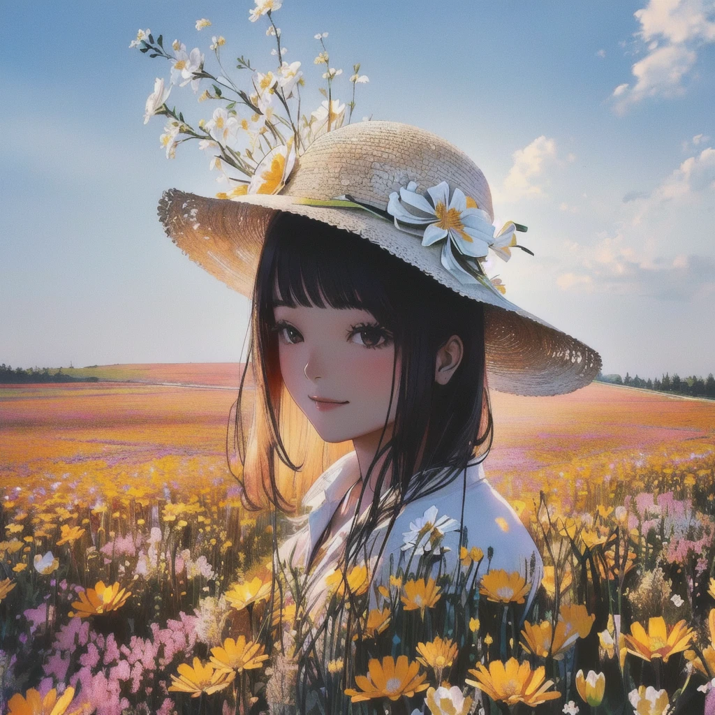 double exposure、there is a woman in a hat standing In the flower field, Straw hat beauty、Girl in the flower garden, woman in flowers, In the flower field, a girl floating in a flower field, Girl in Flowers, Portrait of Karan, Girl standing in a flower field, 