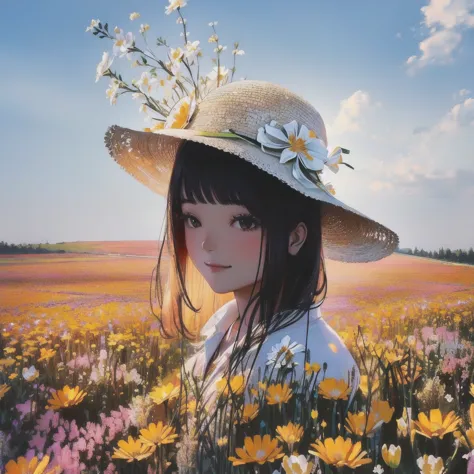 double exposure、there is a woman in a hat standing In the flower field, Straw hat beauty、Girl in the flower garden, woman in flo...