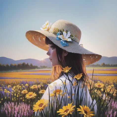 double exposure、there is a woman in a hat standing In the flower field, Straw hat beauty、Girl in the flower garden, woman in flo...