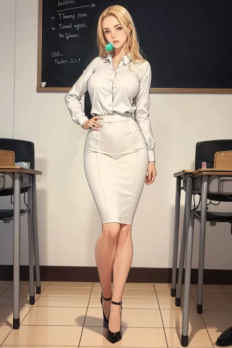 1 female, long blonde hair, large breast, wearing long sleeve white shirt, black pencil skirt, black heels, inside empty classro...