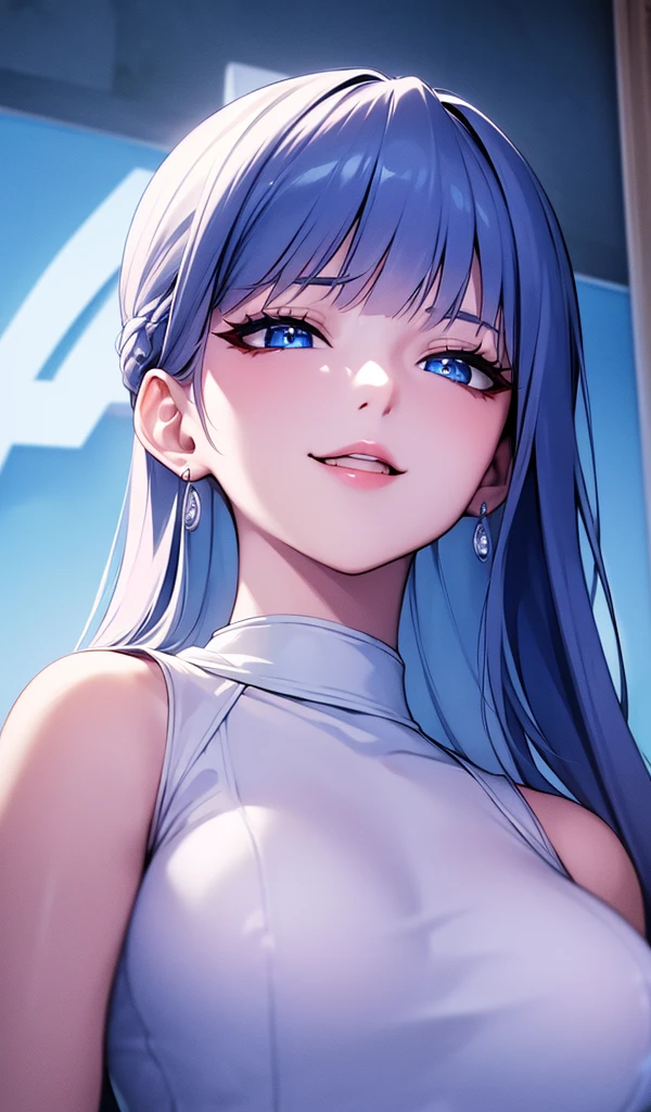 ((masterpiece)), ((Best Quality)), (ultra detailed), ((extremely detailed)), 4k, (8K), Best Quality, (beautiful), animated style, look up from below, bar, evening, a pretty girl, 1 girl, Alone, lasts, beautiful rainbow hair, beautiful blue eyes, ((beautiful eyes)), White skin, earrings, neck, smile