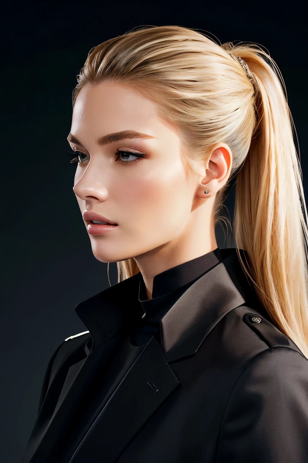 White background，身穿Black jacket的欧美女子的侧脸，The chin is contoured， Modern Hairstyles, blonde, Well-dressed model, mandibular angle line, , Handsome hairstyle, Portrait centered in profile, Profile portrait, Female jawline, Protruding jawline，Eyes with spirit，Black jacket，Close your eyes and enjoy，European and American women&#39;s golden curly hair，Eyebrows are also golden brown，Close your eyes and smile，Ball head，Hands on ears