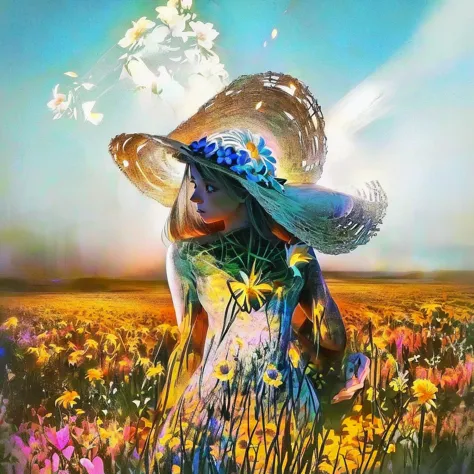 double exposure、silhouette、there is a woman in a hat standing In the flower field, Straw hat beauty、Girl in the flower garden, w...