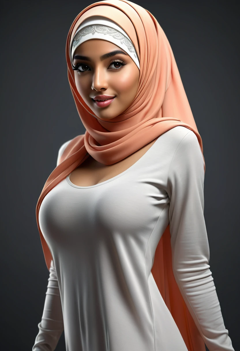 8k, hyper resolution, extremely detailed, A highly detailed, full-body 3D rendering of a realistic woman wearing a hijab with accurate face, hijab, She is nude and standing confidently showing sexy body, black background, drawing attention to its cheerful and elegant appearance. Her skin is smooth, naturally glowing and healthy, and her eyes are bright and expressive. The overall style is a mix of realism and a hint of cartoon features, giving it a lively look. use soft photography lighting.