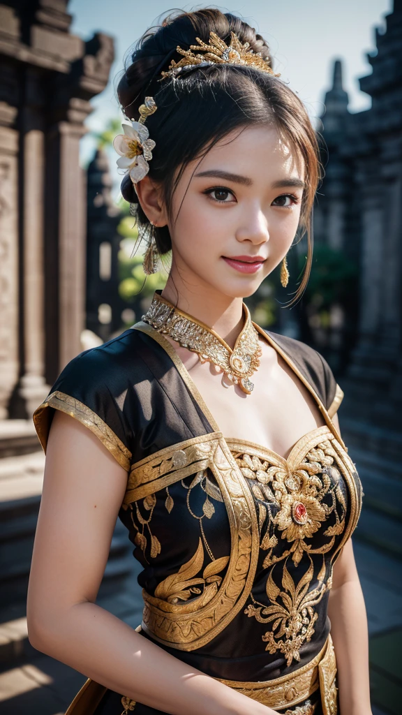 1female, a woman in the era of the Majapahit kingdom, is having a traditional Javanese wedding with gold and black ornaments, wearing a typical Javanese bun, with a charming and charming gaze, smiling, oriental female, with the Prambanan temple in the background, ancient Javanese era, cinematic photography, detailed, hyperrealism, great detail, 8k cinematic, high resolution, symmetrically, cinematic, color grading, photography, shot on 50mm lens, ultra-wide angle, depth of field, hyperdetailed, beautifully color-coded, insane detail, intricate detail, beautiful color grading, incredibly detailed and intricate, hyper maximal, elegant, hyperrealistic, super detailed, posing dynamic, photography, ultra-realistic, Full - HD, high detailed definition, Hyper detailed, 8k