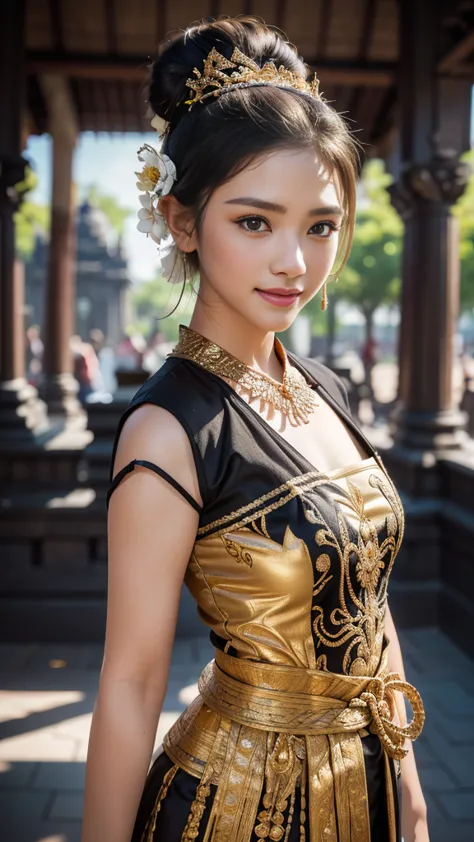 1female, a woman in the era of the Majapahit kingdom, is having a traditional Javanese wedding with gold and black ornaments, we...