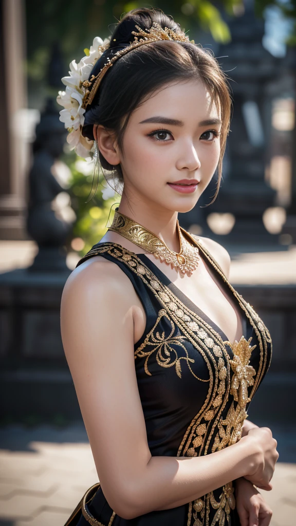 1female, a woman in the era of the Majapahit kingdom, is having a traditional Javanese wedding with gold and black ornaments, wearing a typical Javanese bun, with a charming and charming gaze, smiling, oriental female, with the Prambanan temple in the background, ancient Javanese era, cinematic photography, detailed, hyperrealism, great detail, 8k cinematic, high resolution, symmetrically, cinematic, color grading, photography, shot on 50mm lens, ultra-wide angle, depth of field, hyperdetailed, beautifully color-coded, insane detail, intricate detail, beautiful color grading, incredibly detailed and intricate, hyper maximal, elegant, hyperrealistic, super detailed, posing dynamic, photography, ultra-realistic, Full - HD, high detailed definition, Hyper detailed, 8k