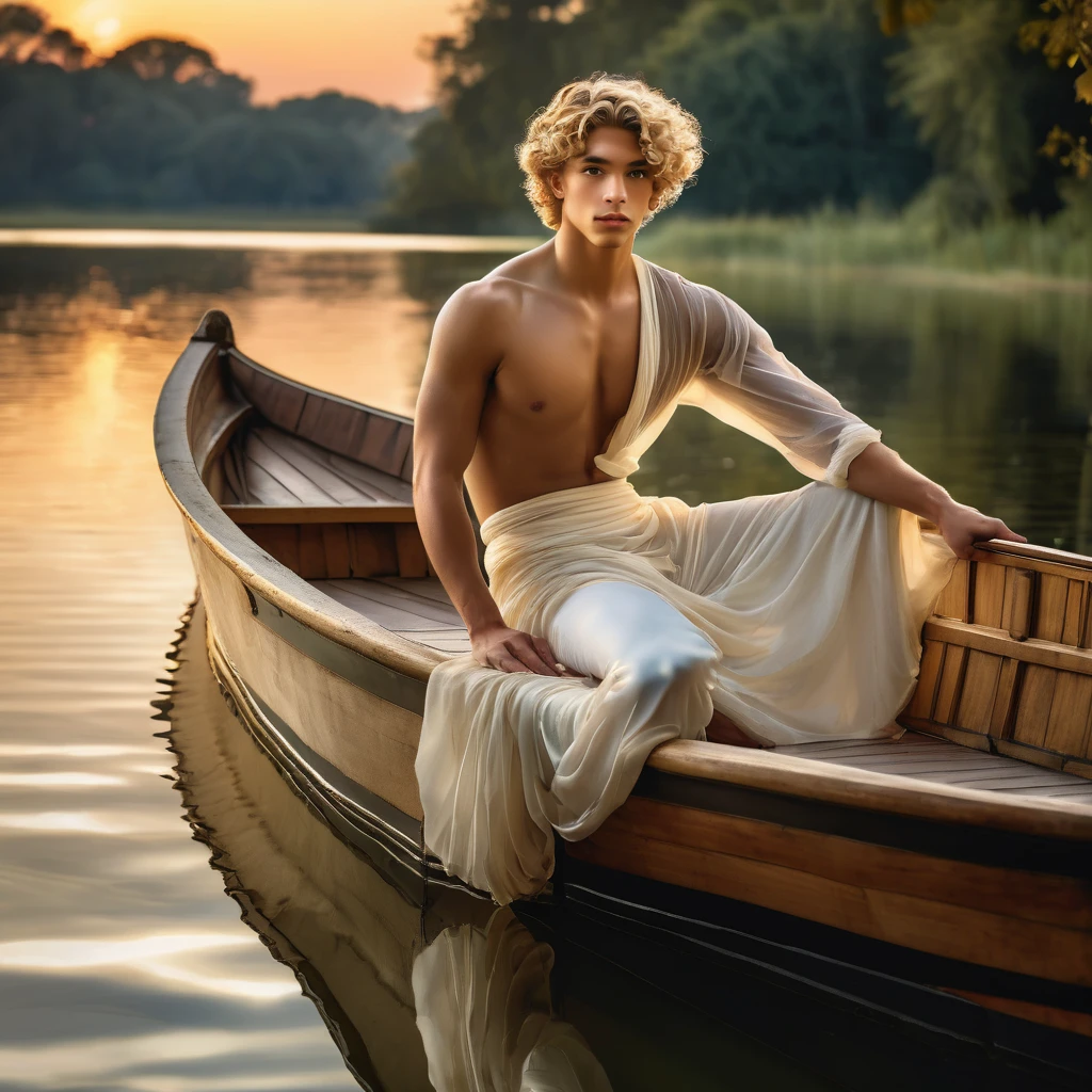 candid an full body photo of prince charming, 23 year old male supermodel, attractive and exotic, short curly blonde hair, a masculine appearance with slender smooth body, delicate and symmetrical face, natural olive skin tone, inspired by John William Waterhouse's The Lady of Shalott, pose in a graceful contrapposto stance, seated in a small boat, one hand trailing in the water, the other resting on his knee. he is wrapped in classical drapery sheer pastel color fabric, with flowing dramatically in the strong wind, some fabric to billow as if caught, The composition include mythological elements, such as a backdrop of a serene with a golden sunrise and nymphs to frame the scene. Illuminate the scene with soft diffused lighting to create a dreamlike, celestial atmosphere, capturing the delicate interplay of light and shadow on his face and body. ((full body shot)), wide-angle lens on a high-resolution DSLR camera to capture the grandeur and intricate details of the setting, while shooting from a dynamic angle to emphasize the model's majestic presence. The overall mood should blend the classical elegance of Botticelli's work with a modern, high-fashion aesthetic, producing an image that feels both timeless and contemporary, adding the Two Cherubs in the sense to balance and harmony the photo, evoke the soft ethereal quality of the Renaissance style, POV, raw photo, ((masterpiece)), ((best quality)), High Resolution, (ultra_realistic), (photorealistic), (NSFW), ((Pay attention to the layer and arrangement of body and surrounding)), ((Pay attention to the body composition)), ((Correct body structure)), ((Correct distance)), romantic atmosphere, lively extremely Gorgeous background,