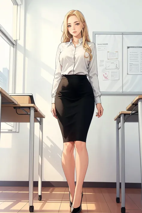 1 female, long blonde hair, large breast, wearing long sleeve white shirt, black pencil skirt((black color skirt only)), black h...