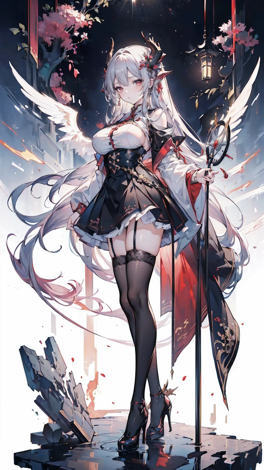 (masterpiece, top quality, best quality, official art, beautiful and aesthetic:1.3), (8k, best quality, masterpiece:1.2),(full body:1.3) (large breasts:1.2), long hair, black thighhighs, high heel, (microskirt:1.1), garter belt, dragon's horn,dragon's wing,