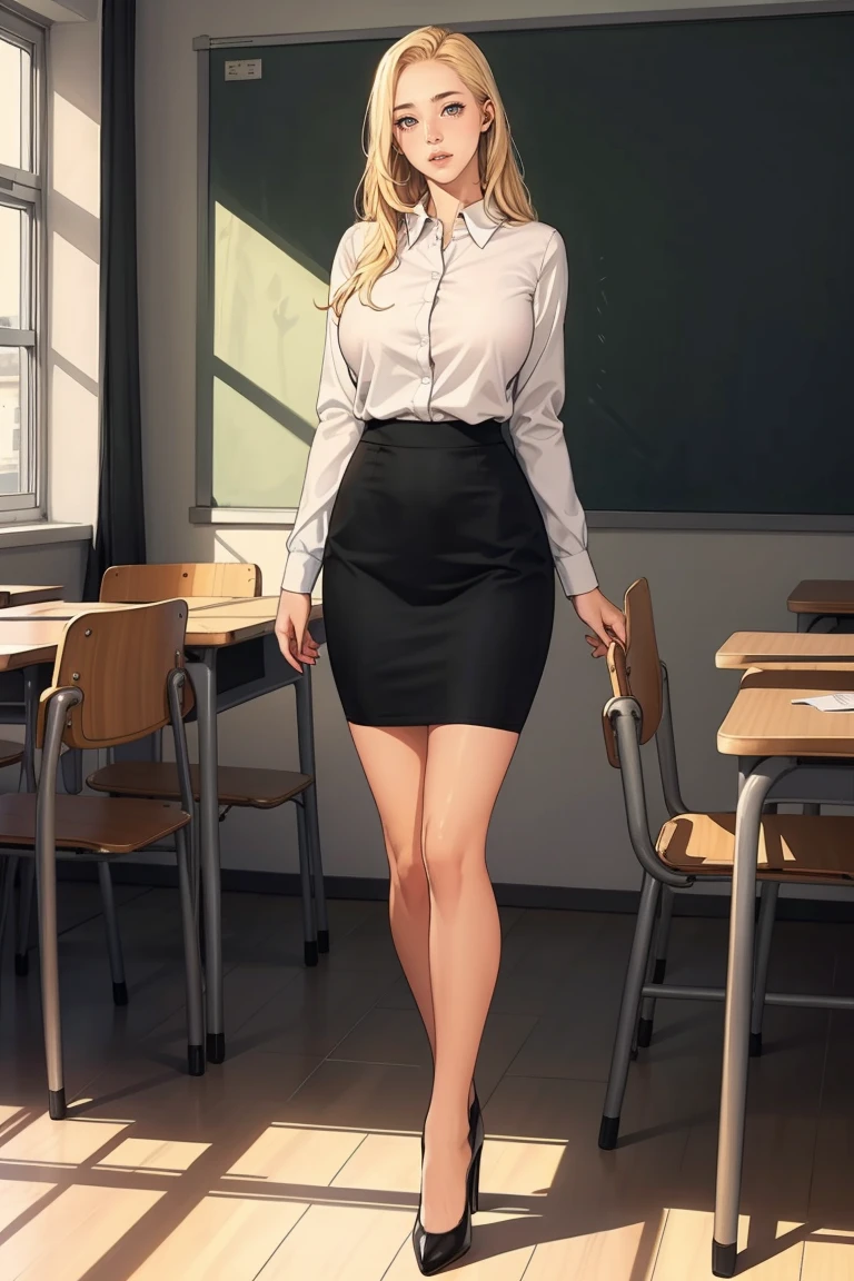 1 female, long blonde hair, large breast, wearing long sleeve white shirt, black pencil skirt((black color skirt only)), black heels, inside empty classroom, alone, fullbody shot, standing, a bit anxious, red blushing face, worried, mouth open, open mouth, looking away, 