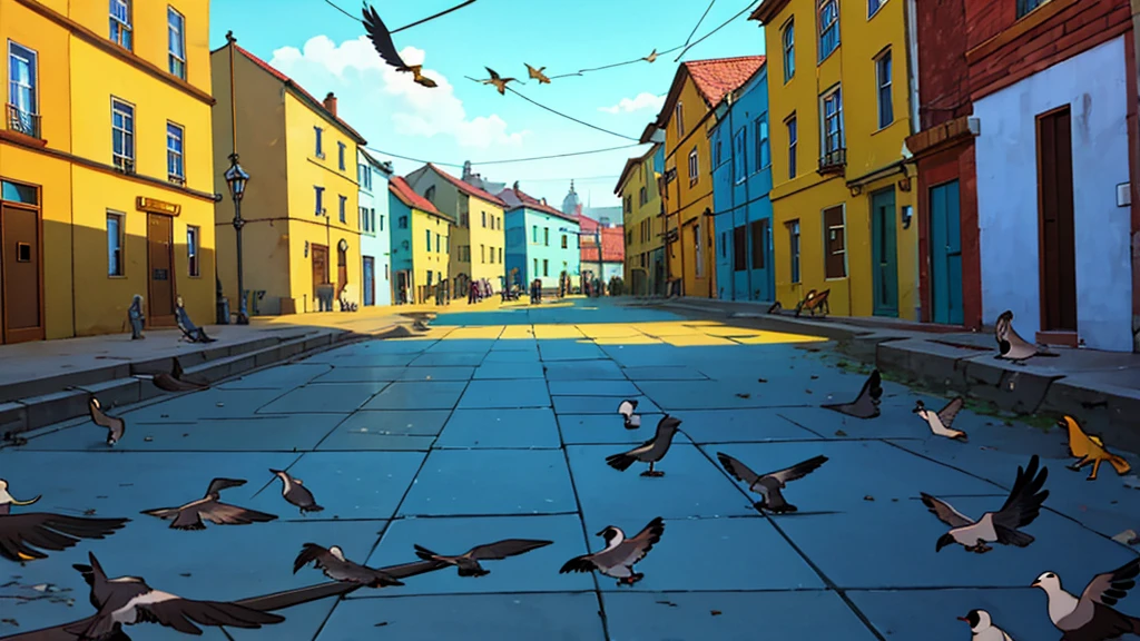 sunny day, birds, pigeons, floor, periphery, shanty town, houses, poles and wires  