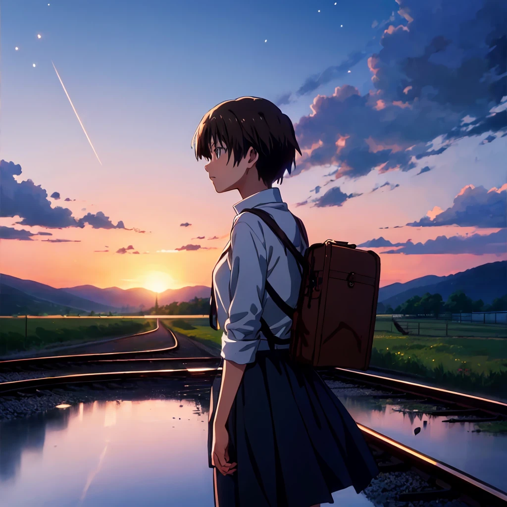 High-quality masterpieces., landscapes, clouds, anime train passing bodies of water on railway tracks in the distance, bright starry sky. traveler, romantic lights, pixiv, conceptual art, lofi art style, reflection. Makoto Shinkai, arte rophy, beautiful anime scenes, animated landscape, detailed landscape — width 672, The style of Makoto Shinkai, The style of Makoto Shinkai, improved details.  