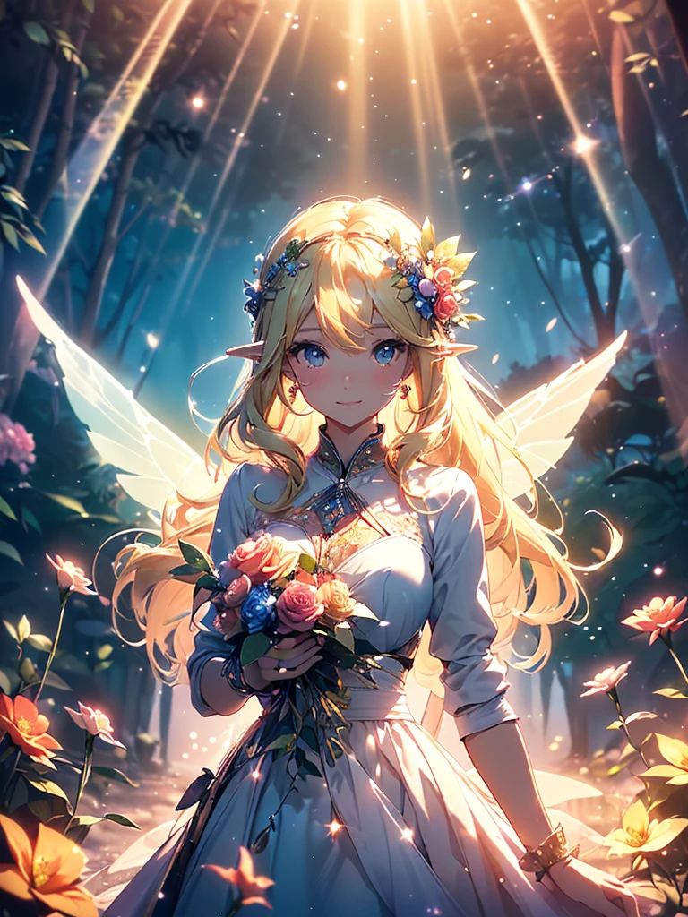 最high quality、1woman elf 、beautiful Hair、blondes、Various roses Beautiful foam、、CourtyardShining fairy wings、Sunset light、prism、AND.g: Worst quality ,Flower fractal art　　、see-throughbodystocking,Beautiful radiance,High-definition depiction, Realistic, 8K, Unity, beautiful Shot, light smile, Beautifully and vividly drawn, , Beautiful, beautiful, clear skin、sexy,beautiful dress,Countless rays of light pouring down, Swirling Light, big background, Raise one arm above your head, Intense light is emitted from the magic circle in front of the girl.   forest、Lots of leaves、green leaves、flower、Particles of light、Iridescent prism、sunset、Romanticism,Cowboy Shot: The most beautiful form of chaos, Mr..々colour, Intertwined flowers, Particle,magical gentle light,smile,sexy,image quality、masterpiece、Beautiful Face、Super beautiful elf woman((Big breasted 22 year old office lady、Nipples、Bust 100,Beautiful long ironed hair 、blondes hair,height: 165cm。、sexy、ANDsbian、、high quality、、background((Star Narski)))、Starry Sky、Visual art、Written boundary depth、、ANDlf ANDars、、universe、Happy smile、gentle light、ANDlf forest、elegant、ticker beautiful decorative、、magic、forest、Beautiful tiara、Beautiful bed、Beautiful Landscape、A kind smile、wonderful、Fluttering petals、Dance happily、、Cultivate fantasy、、Mystery light　Lots of flowers、、art、forest, palace, art,mystery,Ultra-high resolution,atmosphere,uhd