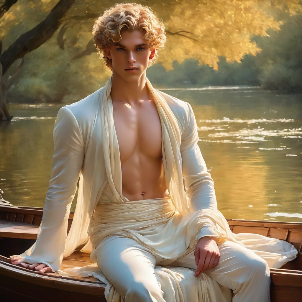 candid an full body photo of prince charming, 23 year old male supermodel, attractive and exotic, short curly blonde hair, a masculine appearance with slender smooth body, delicate and symmetrical face, natural olive skin tone, inspired by John William Waterhouse's The Lady of Shalott, pose in a graceful contrapposto stance, seated in a small boat, one hand trailing in the water, the other resting on his knee. he is wrapped in classical drapery sheer pastel color fabric, with flowing dramatically in the strong wind, some fabric to billow as if caught, The composition include mythological elements, such as a backdrop of a serene with a golden sunrise and nymphs to frame the scene. Illuminate the scene with soft diffused lighting to create a dreamlike, celestial atmosphere, capturing the delicate interplay of light and shadow on his face and body. ((full body shot)), wide-angle lens on a high-resolution DSLR camera to capture the grandeur and intricate details of the setting, while shooting from a dynamic angle to emphasize the model's majestic presence. The overall mood should blend the classical elegance of Botticelli's work with a modern, high-fashion aesthetic, producing an image that feels both timeless and contemporary, adding the Two Cherubs in the sense to balance and harmony the photo, evoke the soft ethereal quality of the Renaissance style, POV, raw photo, ((masterpiece)), ((best quality)), High Resolution, (ultra_realistic), (photorealistic), (NSFW), ((Pay attention to the layer and arrangement of body and surrounding)), ((Pay attention to the body composition)), ((Correct body structure)), ((Correct distance)), romantic atmosphere, lively extremely Gorgeous background,