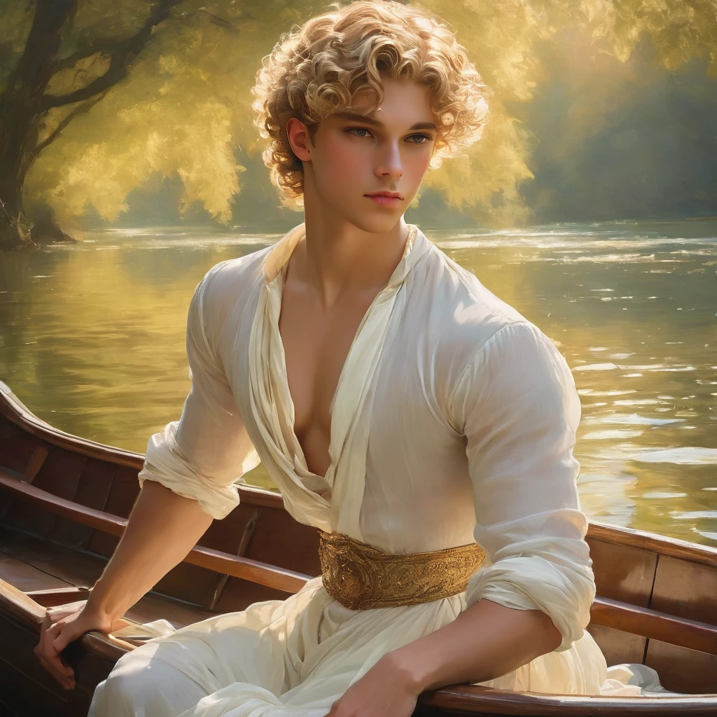 candid an full body photo of prince charming, 23 year old male supermodel, attractive and exotic, short curly blonde hair, a masculine appearance with slender smooth body, delicate and symmetrical face, natural olive skin tone, inspired by John William Waterhouse's The Lady of Shalott, pose in a graceful contrapposto stance, seated in a small boat, one hand trailing in the water, the other resting on his knee. he is wrapped in classical drapery sheer pastel color fabric, with flowing dramatically in the strong wind, some fabric to billow as if caught, The composition include mythological elements, such as a backdrop of a serene with a golden sunrise and nymphs to frame the scene. Illuminate the scene with soft diffused lighting to create a dreamlike, celestial atmosphere, capturing the delicate interplay of light and shadow on his face and body. ((full body shot)), wide-angle lens on a high-resolution DSLR camera to capture the grandeur and intricate details of the setting, while shooting from a dynamic angle to emphasize the model's majestic presence. The overall mood should blend the classical elegance of Botticelli's work with a modern, high-fashion aesthetic, producing an image that feels both timeless and contemporary, adding the Two Cherubs in the sense to balance and harmony the photo, evoke the soft ethereal quality of the Renaissance style, POV, raw photo, ((masterpiece)), ((best quality)), High Resolution, (ultra_realistic), (photorealistic), (NSFW), ((Pay attention to the layer and arrangement of body and surrounding)), ((Pay attention to the body composition)), ((Correct body structure)), ((Correct distance)), romantic atmosphere, lively extremely Gorgeous background,