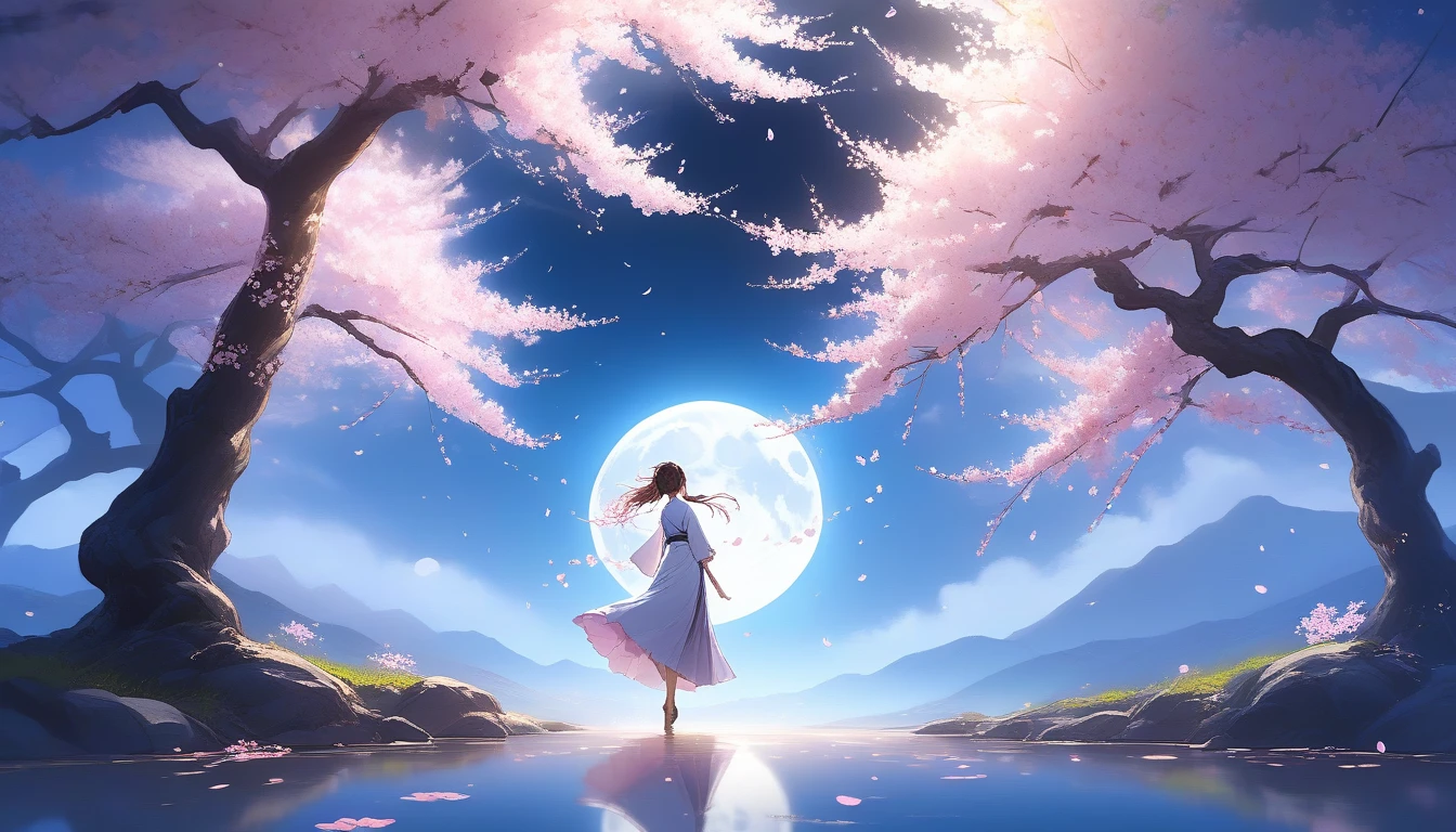 (masterpiece, best quality:1.2), Dancing Cherry Blossoms,Full moon backlighting, light coming in, fantastic atmosphere.