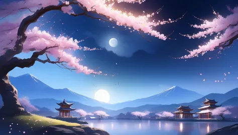 (masterpiece, best quality:1.2), dancing cherry blossoms,full moon backlighting, light coming in, fantastic atmosphere.