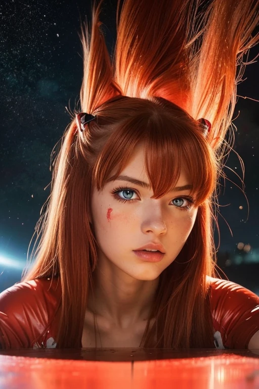 (best quality), high resolution, portrait of Asuka Langley Soryu, Beautiful Pretty Mixed German Babe, (Beautiful face), sexy kissing lips, athletic model body, alluring gaze, Damaged Red Tactical Red Latex Damaged Red plugsuit, Auburn Twin Tails Ribbon Red Long Hair, (front view:1.5),(establish shot:1.6),(looking at viewer), intense gaze, dark blue detailed beautiful eyes, flirty face, (dynamic pose), combine realism and anime influences, space station, color palette vibrant reds, dramatic lighting,
