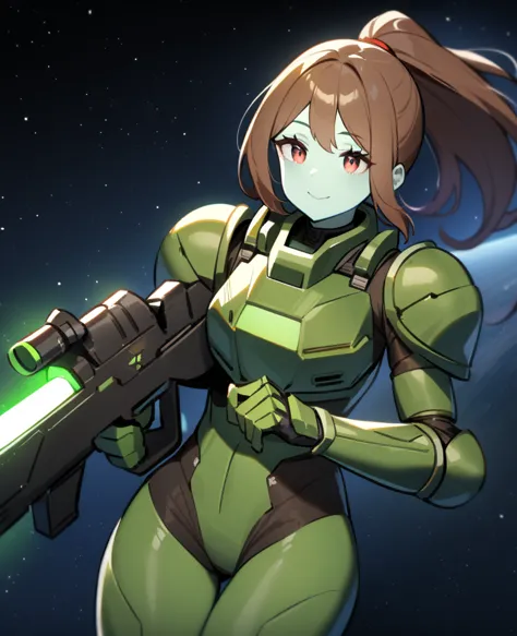 1girl,solo,red eyes,((brown hair:1.5)),green power armor,ponytail,((pale green skin)),green chest armor,cowboy shot,in space shi...