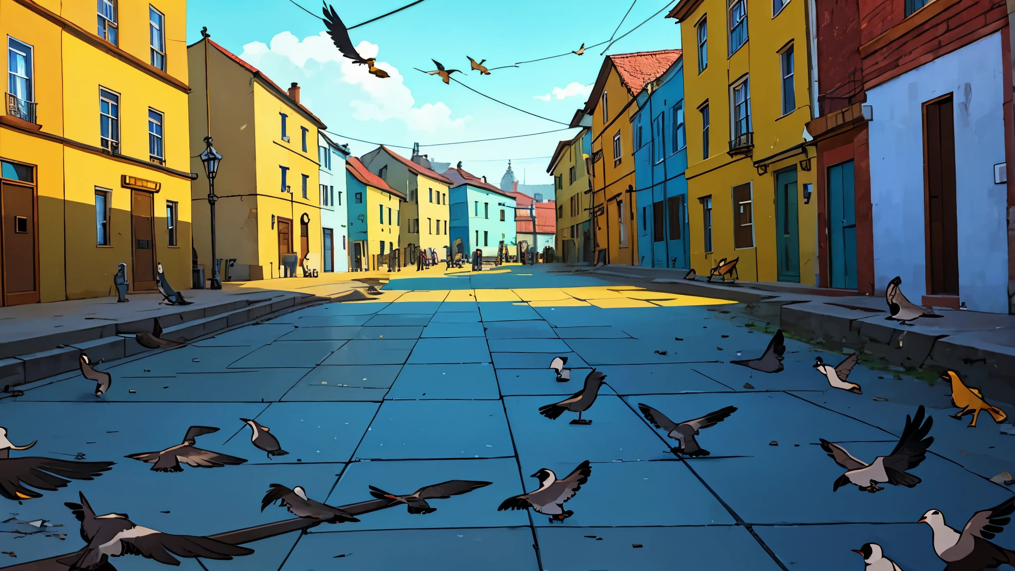 sunny day, birds, pigeons, floor, periphery, shanty town, houses, poles and wires  