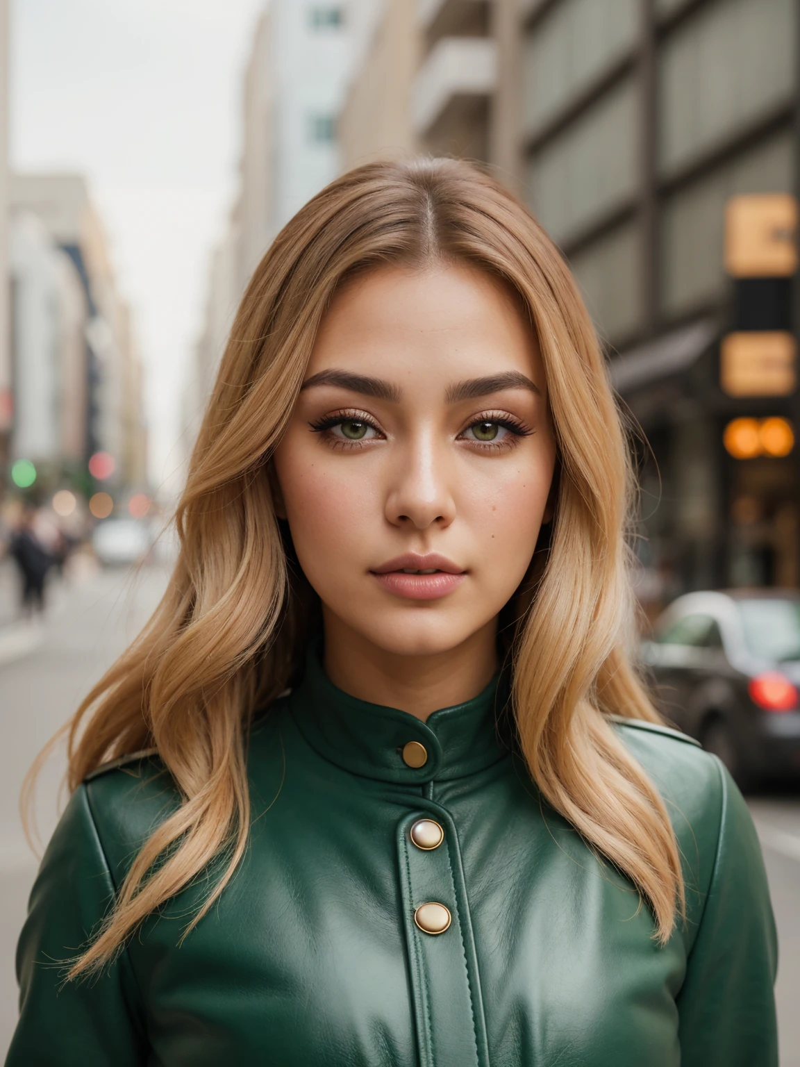 23 y.o, sweet face,yellow eyes,downturned eyes,heart shaped lips,straight eyebrows,raised nose,round face, (best quality,ultra-detailed,photorealistic, non-blurry)  young fashionista Japanese girl wearing green leather jacket, dynamic posing on the street, detailed fingers, detailed feet , curvas , big curvas , Seios enormes , bunda grande , sexy , beautiful appearance , pele macia , rosto muito lindo , muito atrativo , looking at you , olhar delicado, ((long shot)) Blonde influencer with natural wavy long hair,um einen modernen und dennoch edlen Look zu kreieren, extravagant , 8k, extremely detailed, Fotorealistisch, komplizierte Details, realistische Hauttextur, realistische Haare, Textur, Cheerful, 8k uhd, Best quality, high resolution, Detailgenauigkeit, long shot, weitwinkel