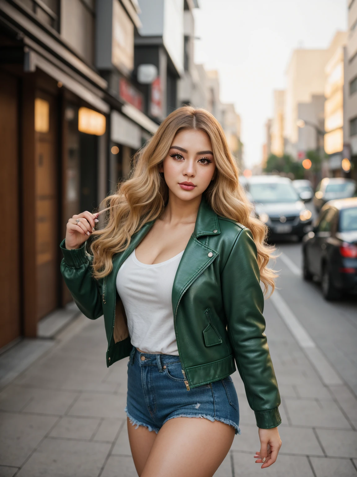 23 y.o, sweet face,yellow eyes,downturned eyes,heart shaped lips,straight eyebrows,raised nose,round face, (best quality,ultra-detailed,photorealistic, non-blurry)  young fashionista Japanese girl wearing green leather jacket, dynamic posing on the street, detailed fingers, detailed feet , curvas , big curvas , Seios enormes , bunda grande , sexy , beautiful appearance , pele macia , rosto muito lindo , muito atrativo , looking at you , olhar delicado, ((long shot)) Blonde influencer with natural wavy long hair,um einen modernen und dennoch edlen Look zu kreieren, extravagant , 8k, extremely detailed, Fotorealistisch, komplizierte Details, realistische Hauttextur, realistische Haare, Textur, Cheerful, 8k uhd, Best quality, high resolution, Detailgenauigkeit, long shot, weitwinkel