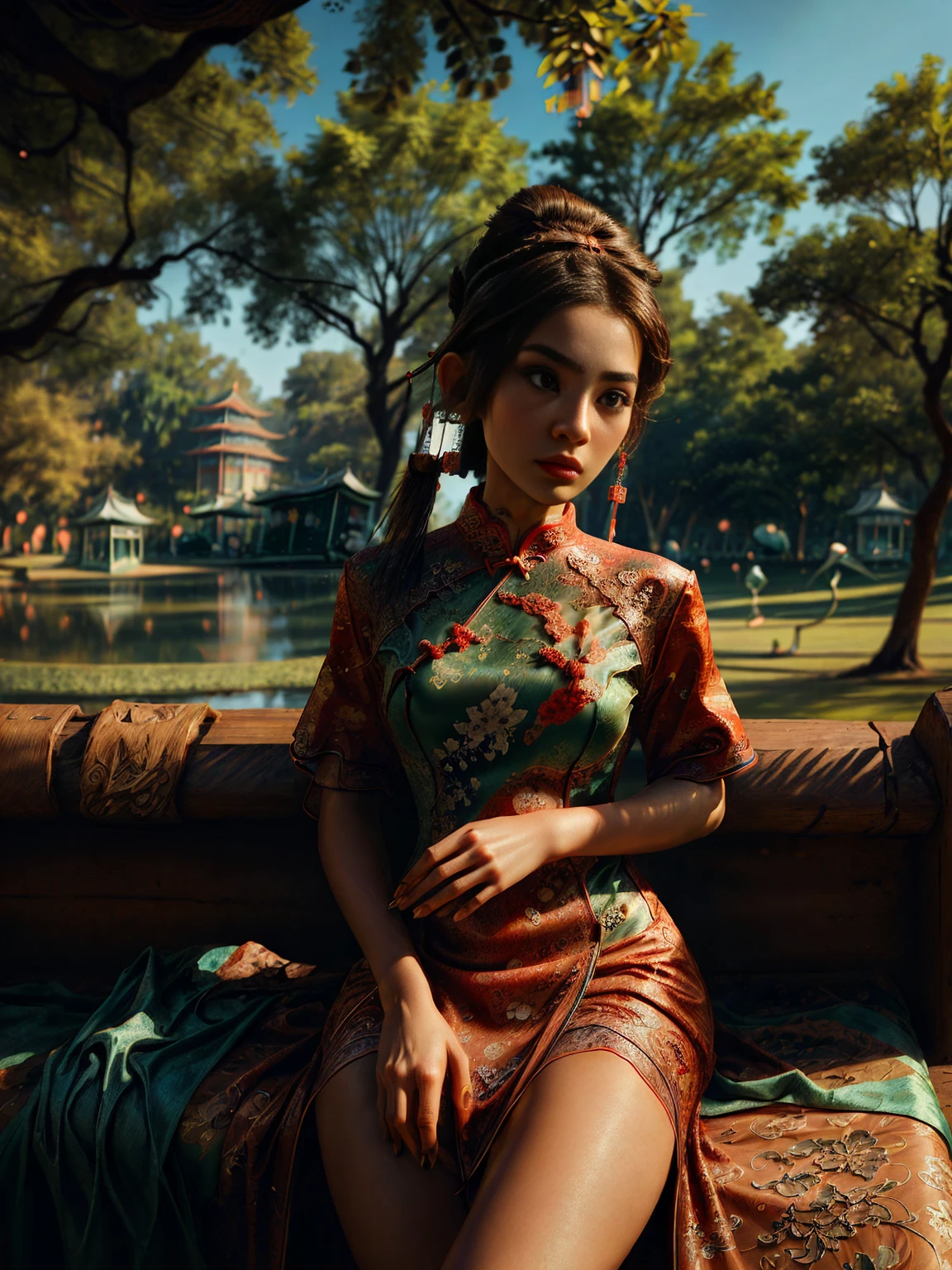 ((a detailed beautiful girl with Cheongsam in Cantonese, It is a type of female dress of Manchu origin used in China, beautiful colors., pink cyan, green:1.5)), detailed eyes, detailed face, long eyelashes, detailed hair and updo elegant and beautiful dressed elegantly, standing under a tree, sunlight splashing on the leaves, vibrant colors, photorealistic, 8K, high quality, cinematic lighting, portrait, (Best Quality,4k,8K,high resolution,masterpiece:1.2),ultra detailed,sharp focus, Very detailed face,extremely detailed facial features,hyper realista skin texture,extremely fine details,intricate details,detailed eyes,Detailed nose,detailed lips,Detailed facial expressions,intricate facial anatomy,intense lighting, dramatic lighting,Changing lighting,cinematic lighting,chiaroscuro lighting,dramatic shadows,dramatic moments,vivid colors,intense colours,Deep contrast,cinematic depth of field,cinematographic composition,cinematic camera angle