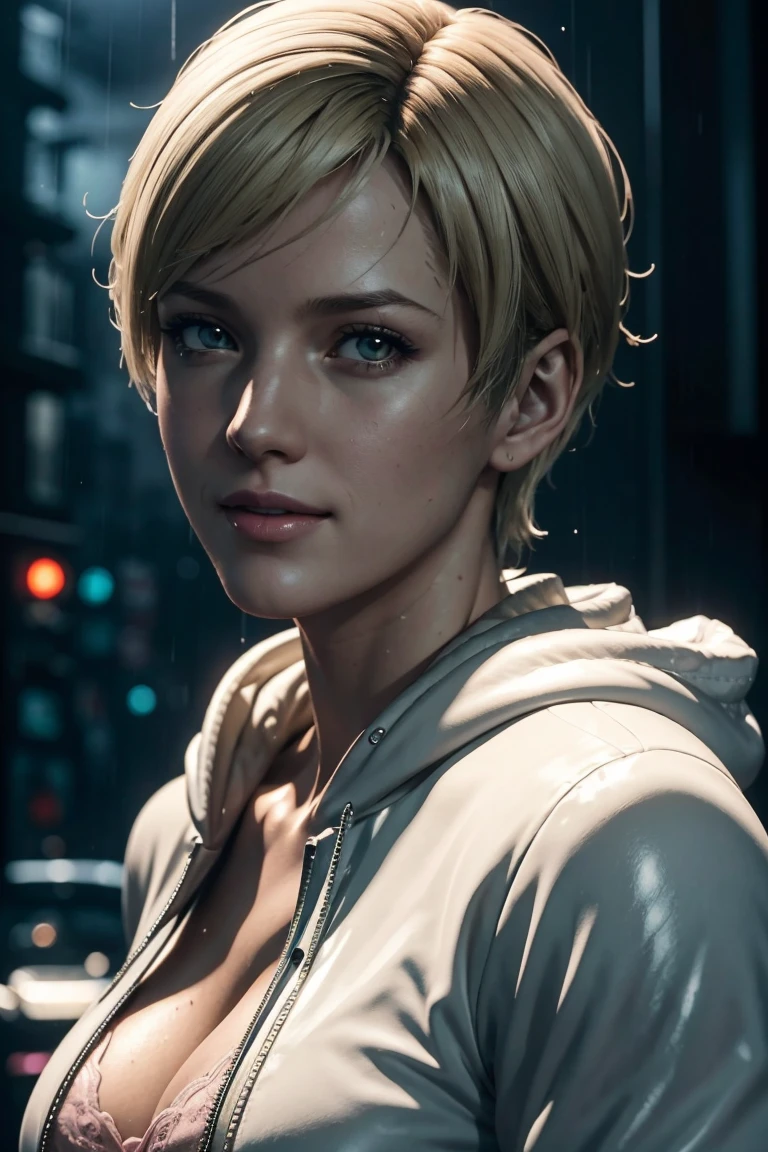 Resident Evil 6,Shelley,Short Hair,Blonde Hair,White hoodie,Cold protection,neck warmer,Photorealistic,Ultra HD,high quality,masterpiece,Digital SLR,Detailed details,Intricate details,Anatomical basis,Depicted in detail,A detailed face,Realistic skin texture,Vivid details,Perfect Anatomy,Perfect Anatomy,Anatomically correct hand,Anatomically correct fingers,Super Detail,Complex 3D rendering,Sexy pose,Rainy Sky,Beautiful scenery,Fantastic rainy sky,Picturesque,Pink Lips,smile,