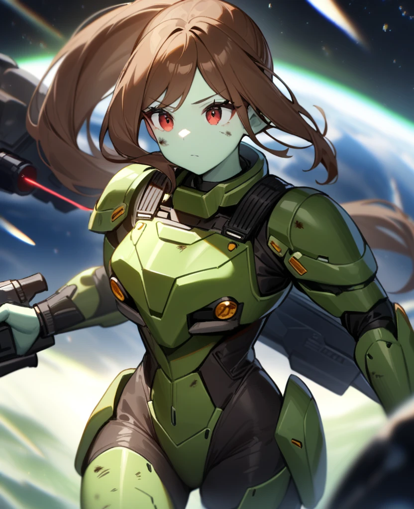 1girl,solo,red eyes,((brown hair:1.5)),green power armor,ponytail,((pale green skin)),green chest armor,cowboy shot,in space ship,zero gravity,Science fiction,ultra-detailed,sharp focus,aesthetic,(best quality), carrying laser rifle, tall woman, battle damage 