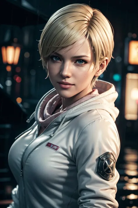 Resident Evil 6,Shelley,Short Hair,Blonde Hair,White hoodie,Cold protection,neck warmer,Photorealistic,Ultra HD,high quality,mas...