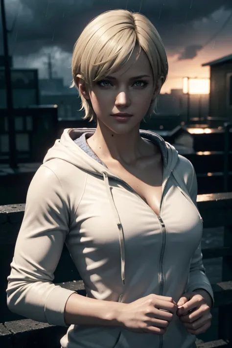 Resident Evil 6,Shelley,Short Hair,Blonde Hair,White hoodie,Cold protection,neck warmer,Photorealistic,Ultra HD,high quality,mas...