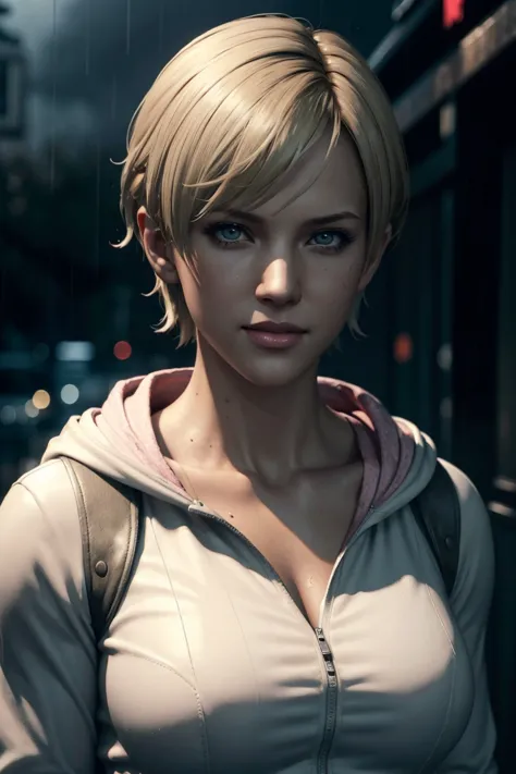 Resident Evil 6,Shelley,Short Hair,Blonde Hair,White hoodie,Cold protection,neck warmer,Photorealistic,Ultra HD,high quality,mas...